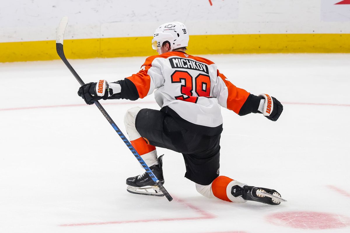Matvei Michkov #39 of the Philadelphia Flyers celebrates after scoring the game winning goal during an NHL hockey game against the Los Angeles Kings, Thursday March 19, 2026 in Los Angeles, Calif.