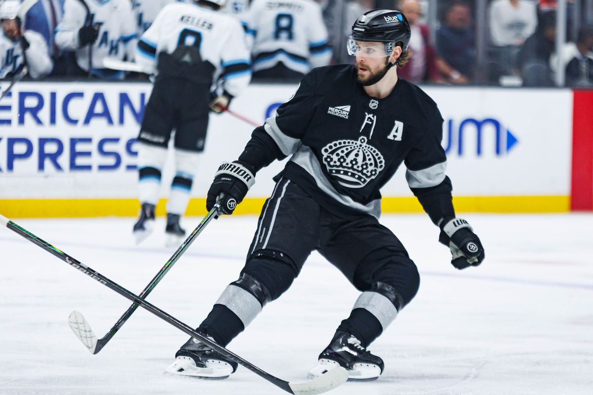 Los Angeles Kings right wing Adrian Kempe (#9) eyes the puck during an NHL match against the Utah Mammoth on March 28, 2026 in Los Angeles, California. Los Angeles Kings right wing Adrian Kempe (#9) eyes the puck during an NHL match against the Utah Mammoth on March 28, 2026 in Los Angeles, California.