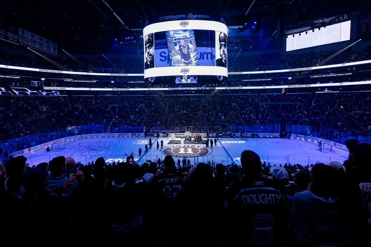 Anze Kopitar #11 of the Los Angeles Kings is honored for his twenty years with the franchise before an NHL hockey game against the Nashville Predators, Thursday April 2, 2026 in Los Angeles, Calif.