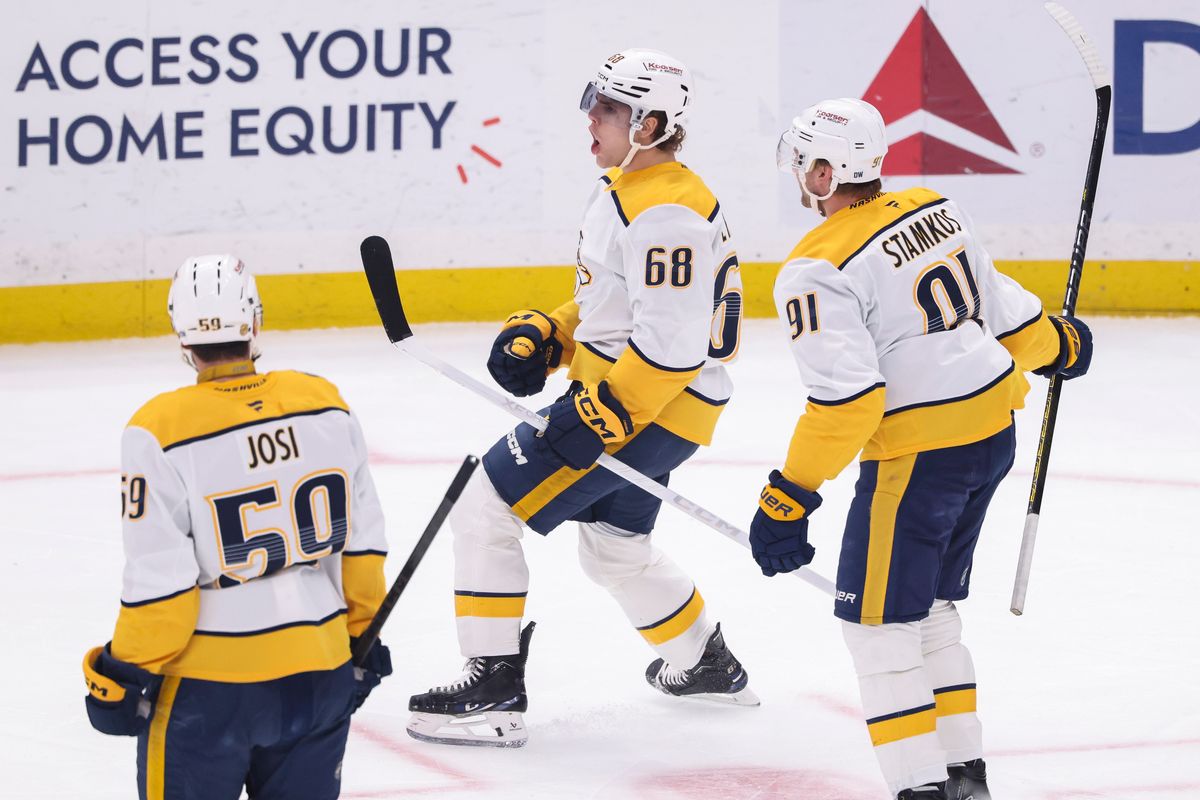 Zachary L’Heureux #68 of the Nashville Predators celebrates after scoring a goal during an NHL hockey game against the Los Angeles Kings, Thursday April 2, 2026 in Los Angeles, Calif.