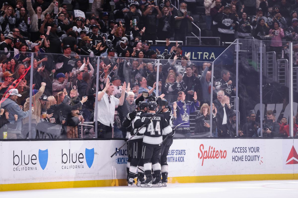 The Los Angeles Kings celebrate a goal during an NHL hockey game against the Nashville Predators, Thursday April 2, 2026 in Los Angeles, Calif.