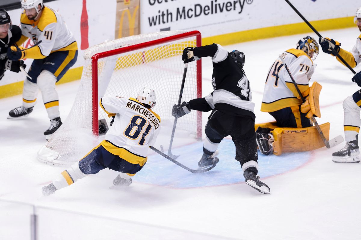 Joel Armia #40 of the Los Angeles Kings ties the game in the third period during an NHL hockey game against the Nashville Predators, Thursday April 2, 2026 in Los Angeles, Calif.