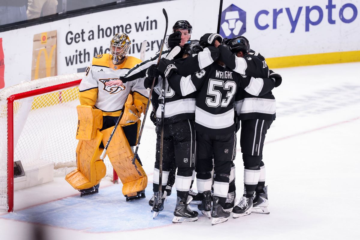 The Los Angeles Kings celebrate the game-tying goal during an NHL hockey game against the Nashville Predators, Thursday April 2, 2026 in Los Angeles, Calif.
