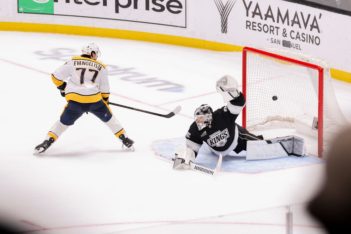 Luke Evangelista #77 of the Nashville Predators scores the game-winning goal in the shootout during an NHL hockey game against the Los Angeles Kings, Thursday April 2, 2026 in Los Angeles, Calif.