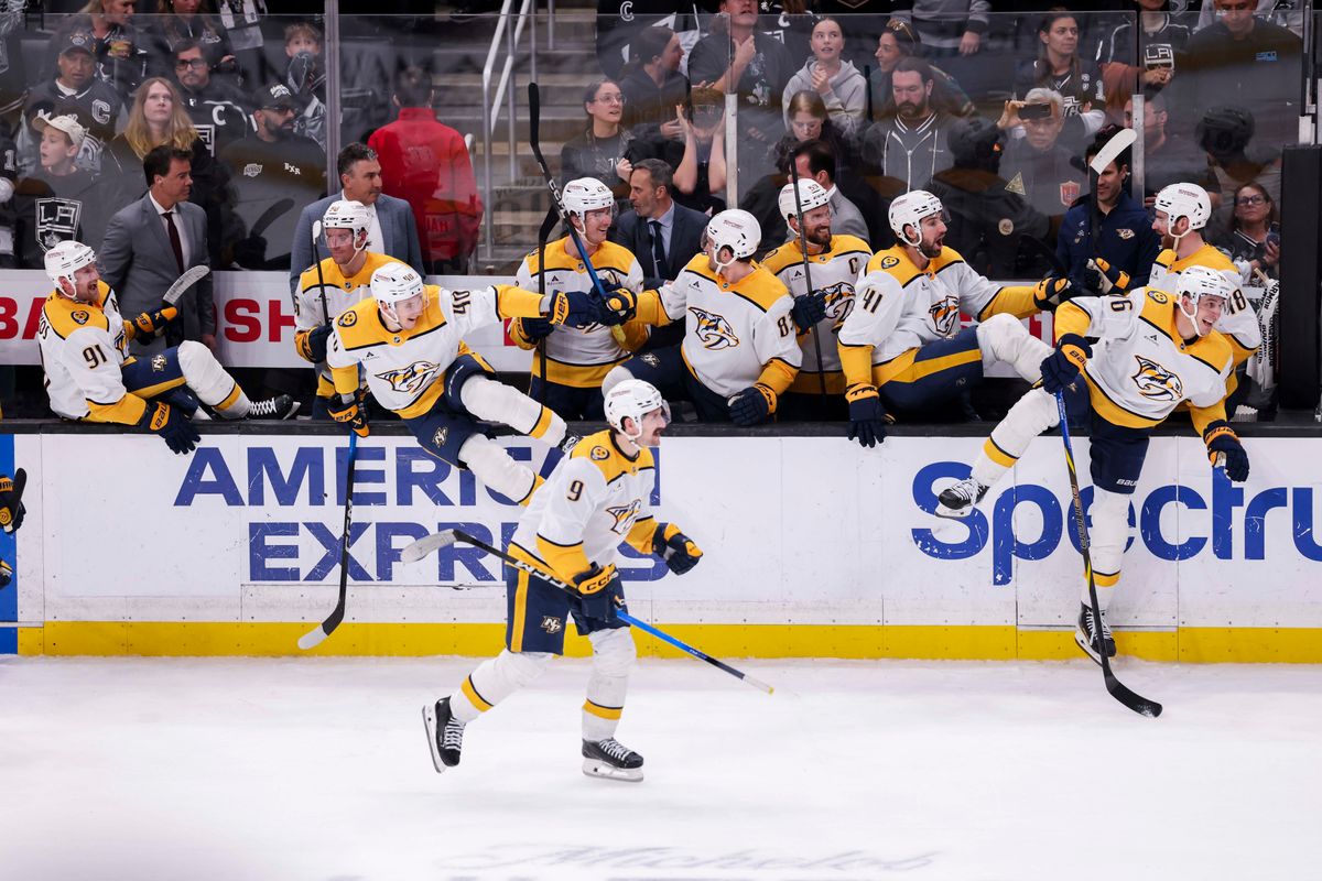 The Nashville Predators celebrate a shootout win over the Los Angeles Kings during an NHL hockey game, Thursday April 2, 2026 in Los Angeles, Calif. 