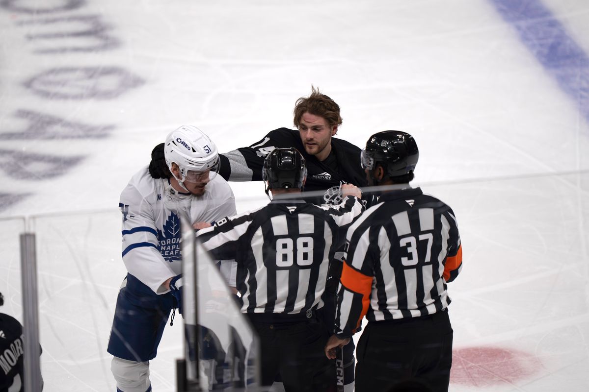 Los Angeles Kings right wing Alex Laferriere (14) punches the back of the head of an opponent during an NHL hockey game against the Toronto Maple Leafs on April 4th, 2026 in Los Angeles, CA. Los Angeles Kings right wing Alex Laferriere (14) punches the back of the head of an opponent during an NHL hockey game against the Toronto Maple Leafs on April 4th, 2026 in Los Angeles, CA.