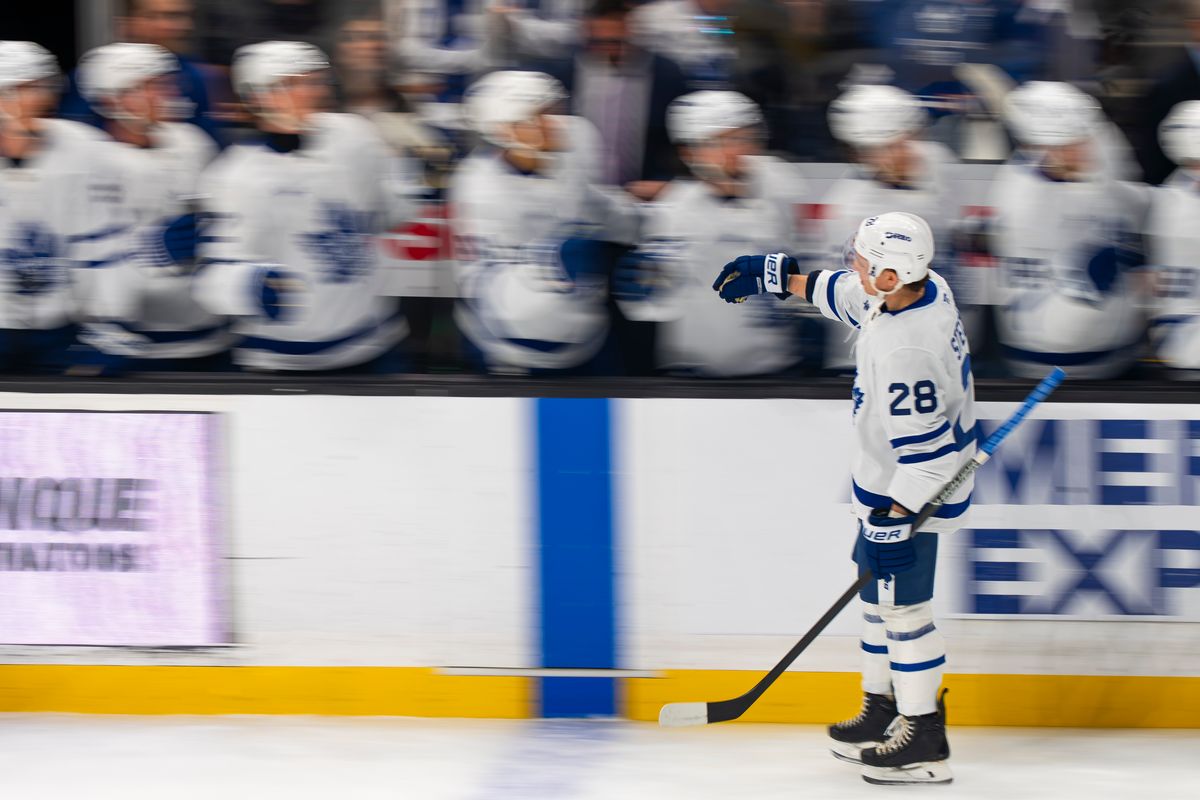 Toronto Maple Leafs defenseman Troy Stecher celebrates a Matthew Knies (22) goal during an NHL hockey game against the Los Angeles Kings on April 4th, 2026 in Los Angeles, CA. Toronto Maple Leafs defenseman Troy Stecher celebrates a Matthew Knies (22) goal during an NHL hockey game against the Los Angeles Kings on April 4th, 2026 in Los Angeles, CA.