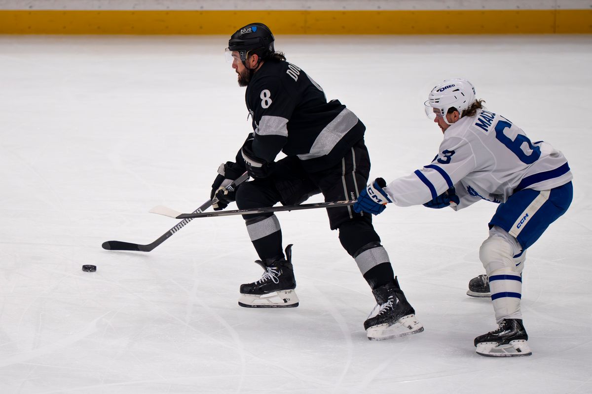 Los Angeles Kings defenseman Drew Doughty (8) skating with the puck during an NHL hockey game against the Toronto Maple Leafs on April 4th, 2026 in Los Angeles, CA. Los Angeles Kings defenseman Drew Doughty (8) skating with the puck during an NHL hockey game against the Toronto Maple Leafs on April 4th, 2026 in Los Angeles, CA.