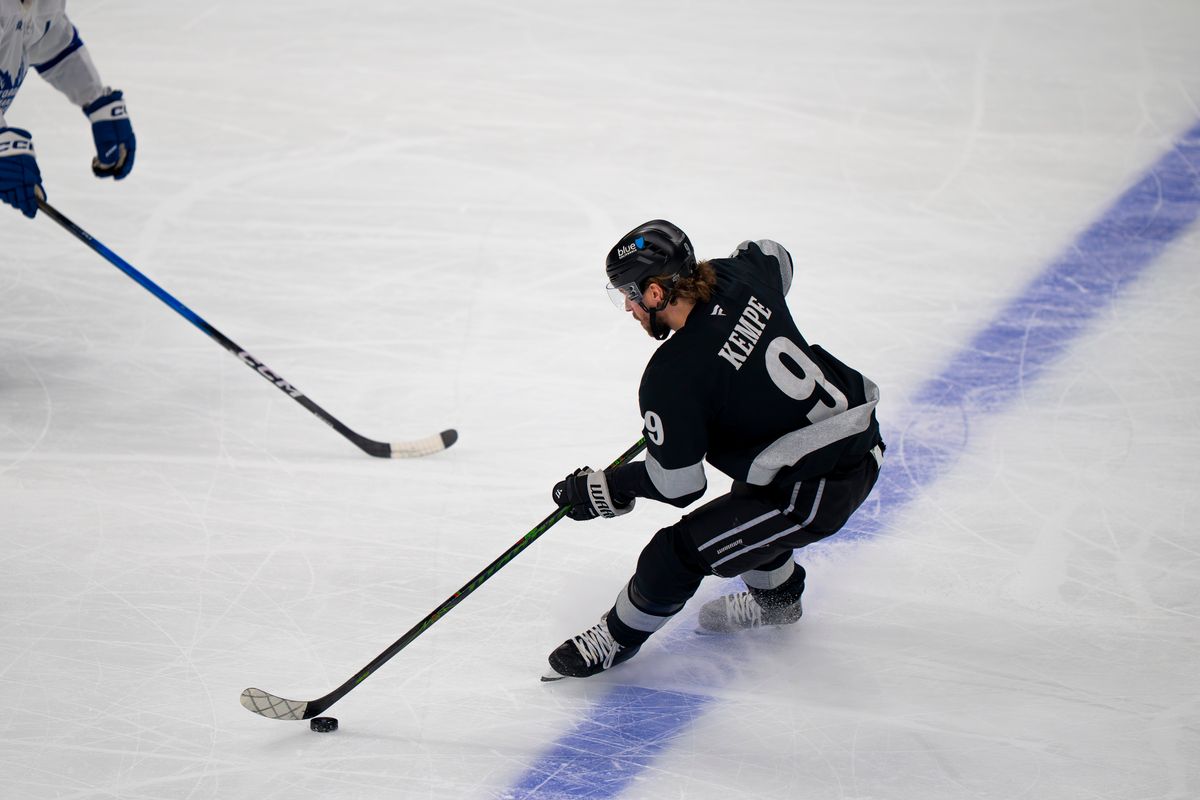 Los Angeles Kings right wing Adrian Kempe (9) skating with the puck during an NHL hockey game against the Toronto Maple Leafs on April 4th, 2026 in Los Angeles, CA. Los Angeles Kings right wing Adrian Kempe (9) skating with the puck during an NHL hockey game against the Toronto Maple Leafs on April 4th, 2026 in Los Angeles, CA.