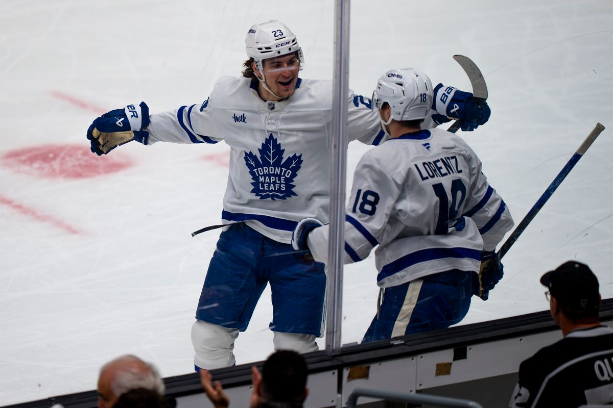 Toronto Maple Leafs center Steven Lorentz (18) celebrating a goal with his teammate during an NHL hockey game against the Los Angeles Kings on April 4th, 2026 in Los Angeles, CA. Toronto Maple Leafs center Steven Lorentz (18) celebrating a goal with his teammate during an NHL hockey game against the Los Angeles Kings on April 4th, 2026 in Los Angeles, CA.
