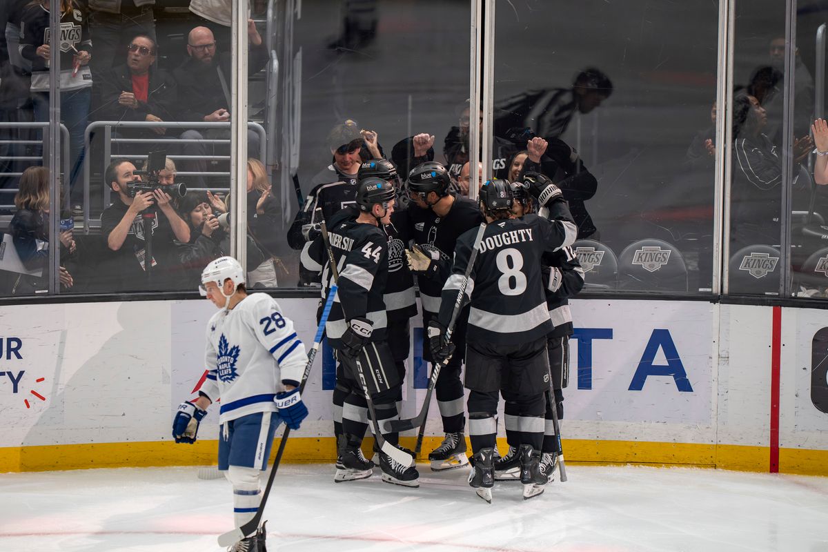 Los Angeles Kings celebrating a Quinton Byfield (55) goal during an NHL hockey game against the Toronto Maple Leafs on April 4th, 2026 in Los Angeles, CA. Los Angeles Kings celebrating a Quinton Byfield (55) goal during an NHL hockey game against the Toronto Maple Leafs on April 4th, 2026 in Los Angeles, CA.