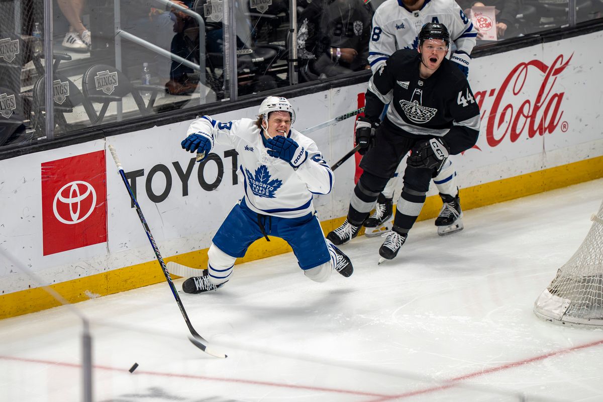 Los Angeles Kings defenseman Mikey Anderson (44) shouting after elbowing an opponent during an NHL hockey game against the Toronto Maple Leafs on April 4th, 2026 in Los Angeles, CA. Los Angeles Kings defenseman Mikey Anderson (44) shouting after elbowing an opponent during an NHL hockey game against the Toronto Maple Leafs on April 4th, 2026 in Los Angeles, CA.