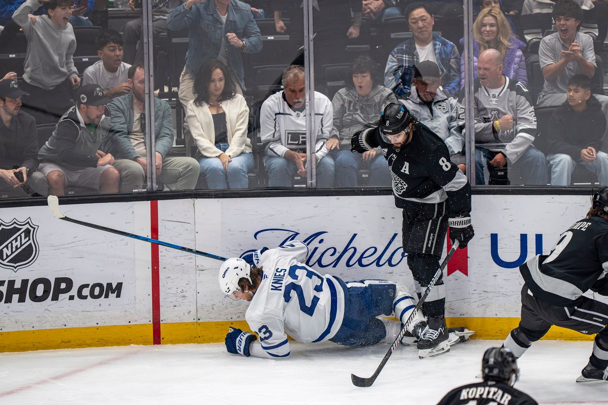 Los Angeles Kings defenseman Drew Doughty (8) standing over Matthew Knies of the Maple Leafs during an NHL hockey game against the Toronto Maple Leafs on April 4th, 2026 in Los Angeles, CA. Los Angeles Kings defenseman Drew Doughty (8) standing over Matthew Knies of the Maple Leafs during an NHL hockey game against the Toronto Maple Leafs on April 4th, 2026 in Los Angeles, CA.