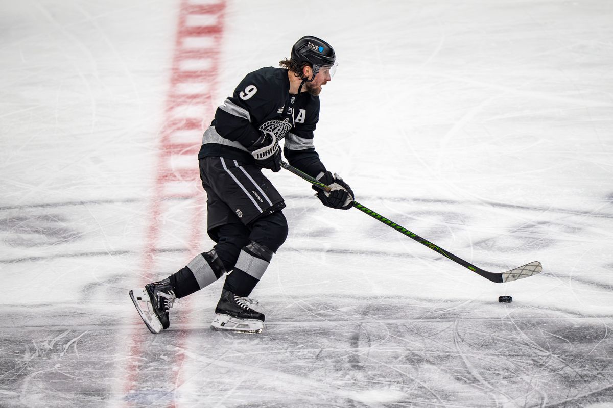 Los Angeles Kings right wing Adrian Kempe (9) skating with the puck during an NHL hockey game against the Toronto Maple Leafs on April 4th, 2026 in Los Angeles, CA. Los Angeles Kings right wing Adrian Kempe (9) skating with the puck during an NHL hockey game against the Toronto Maple Leafs on April 4th, 2026 in Los Angeles, CA.