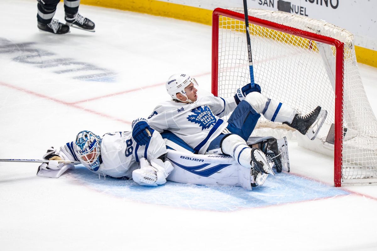 Toronto Maple Leafs goalie Joseph Woll (60) and defenseman Troy Stecher (28) falling at their goal during an NHL hockey game against the Los Angeles Kings on April 4th, 2026 in Los Angeles, CA. Toronto Maple Leafs goalie Joseph Woll (60) and defenseman Troy Stecher (28) falling at their goal during an NHL hockey game against the Los Angeles Kings on April 4th, 2026 in Los Angeles, CA.