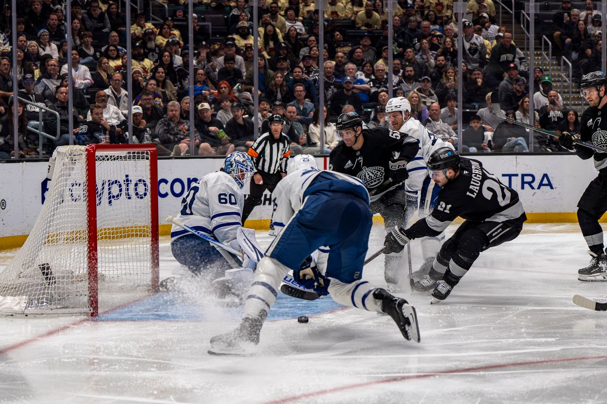 Toronto Maple Leafs goalie Joseph Woll (60) blocking a goal attempt during an NHL hockey game against the Los Angeles Kings on April 4th, 2026 in Los Angeles, CA. Toronto Maple Leafs goalie Joseph Woll (60) blocking a goal attempt during an NHL hockey game against the Los Angeles Kings on April 4th, 2026 in Los Angeles, CA.