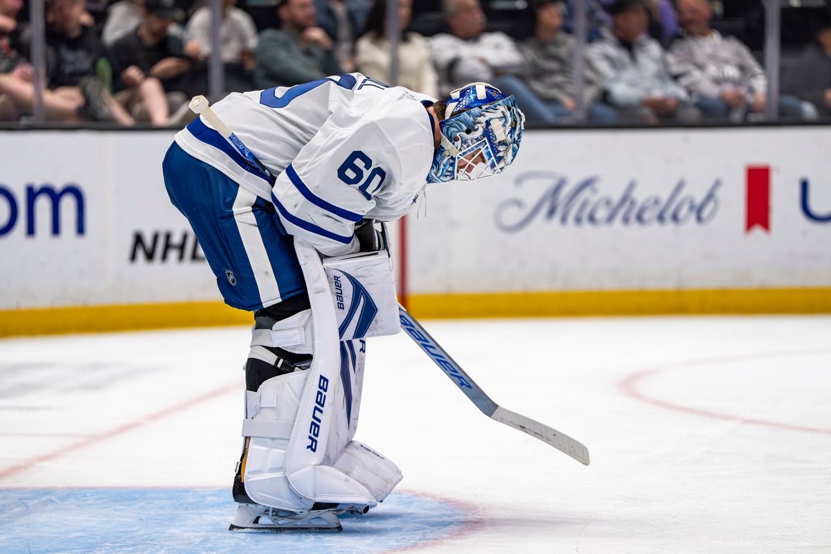 Toronto Maple Leafs goalie Joseph Woll (60) taking a breather during an NHL hockey game against the Los Angeles Kings on April 4th, 2026 in Los Angeles, CA. Toronto Maple Leafs goalie Joseph Woll (60) taking a breather during an NHL hockey game against the Los Angeles Kings on April 4th, 2026 in Los Angeles, CA.