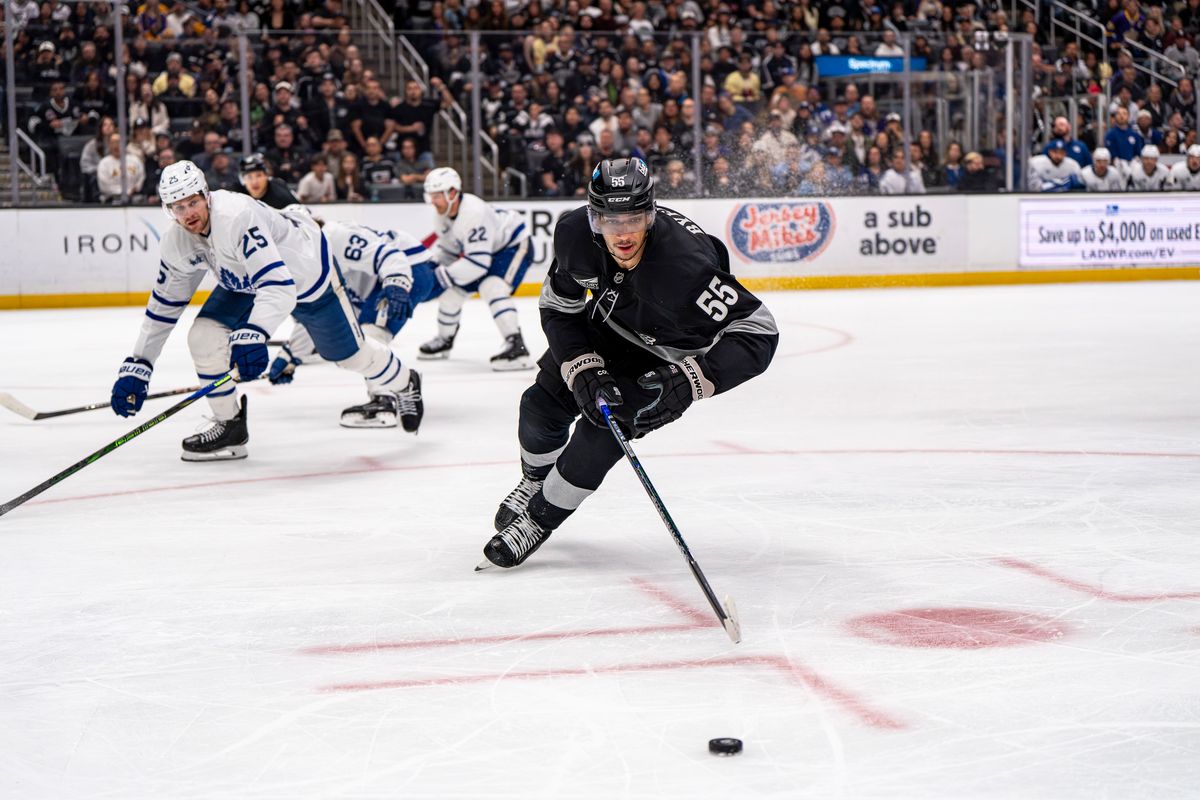 Los Angeles Kings right wing Quinton Byfield (55) skating with the puck during an NHL hockey game against the Toronto Maple Leafs on April 4th, 2026 in Los Angeles, CA. Los Angeles Kings right wing Quinton Byfield (55) skating with the puck during an NHL hockey game against the Toronto Maple Leafs on April 4th, 2026 in Los Angeles, CA.