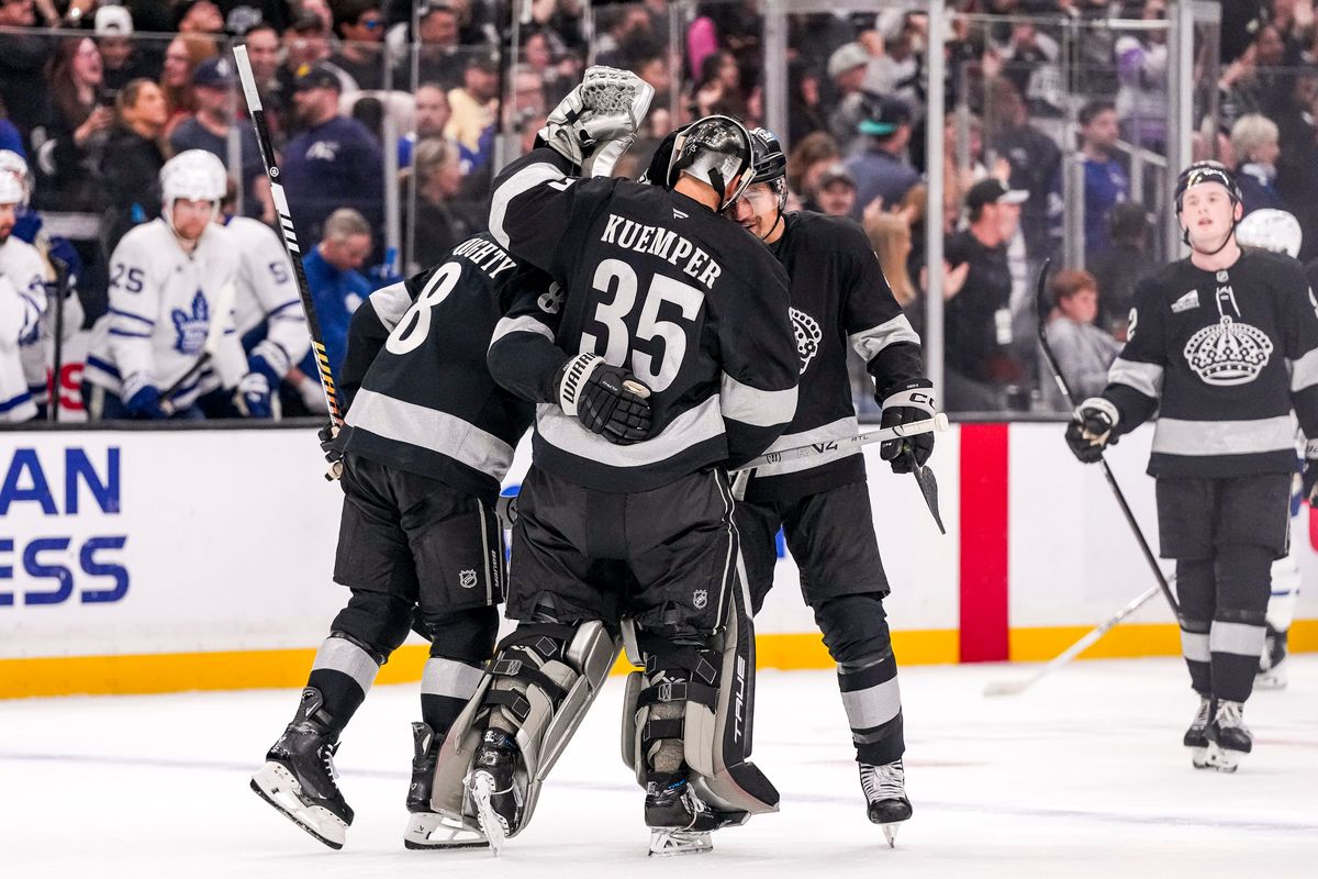 Los Angeles Kings players celebrating winning in overtime during an NHL hockey game against the Toronto Maple Leafs on April 4th, 2026 in Los Angeles, CA. Los Angeles Kings players celebrating winning in overtime during an NHL hockey game against the Toronto Maple Leafs on April 4th, 2026 in Los Angeles, CA.