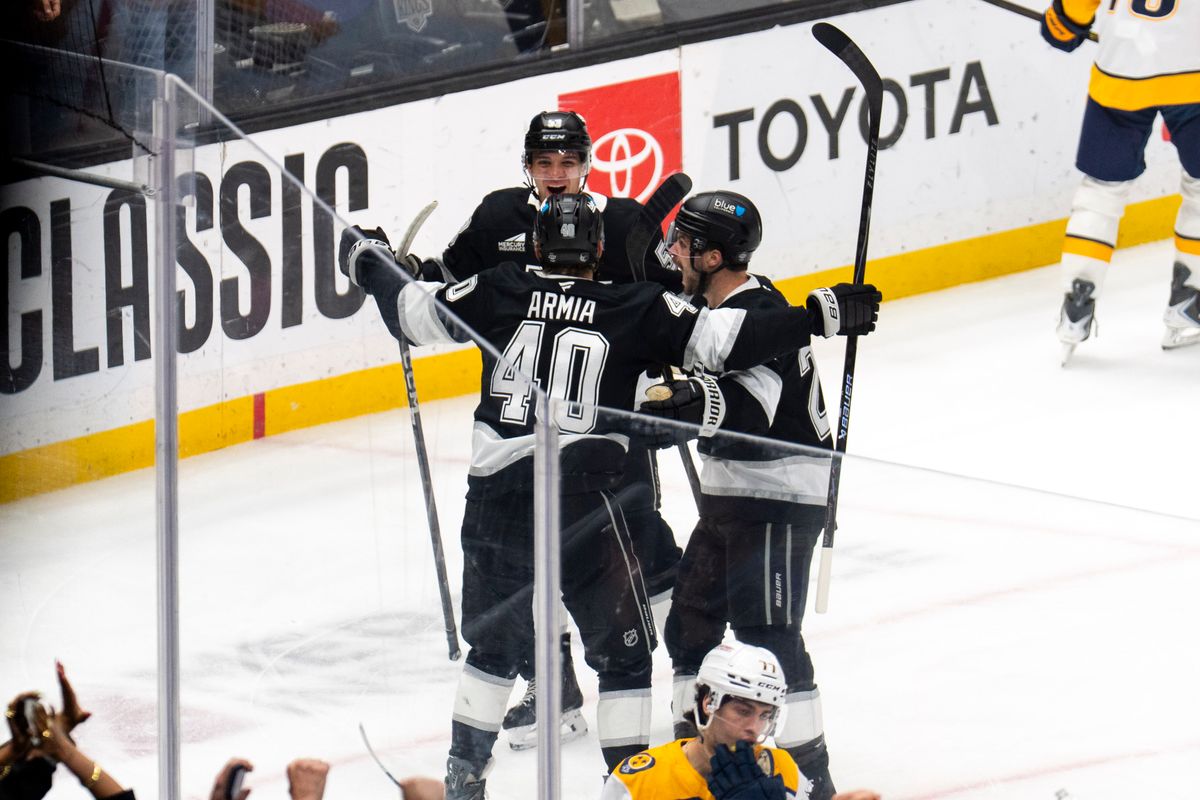 Los Angeles Kings RW Joel Armia (40) celebrates his goal with his teammates during an NHL game against the Nashville Predators, Monday April 6th, 2026 in Los Angeles, California. 