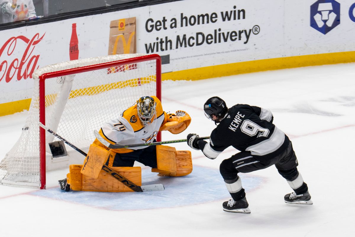 Los Angeles Kings RW Adrian Kempe (9) scores the game winning goal in the shootout during an NHL game against the Nashville Predators, Monday April 6th, 2026 in Los Angeles, California. 