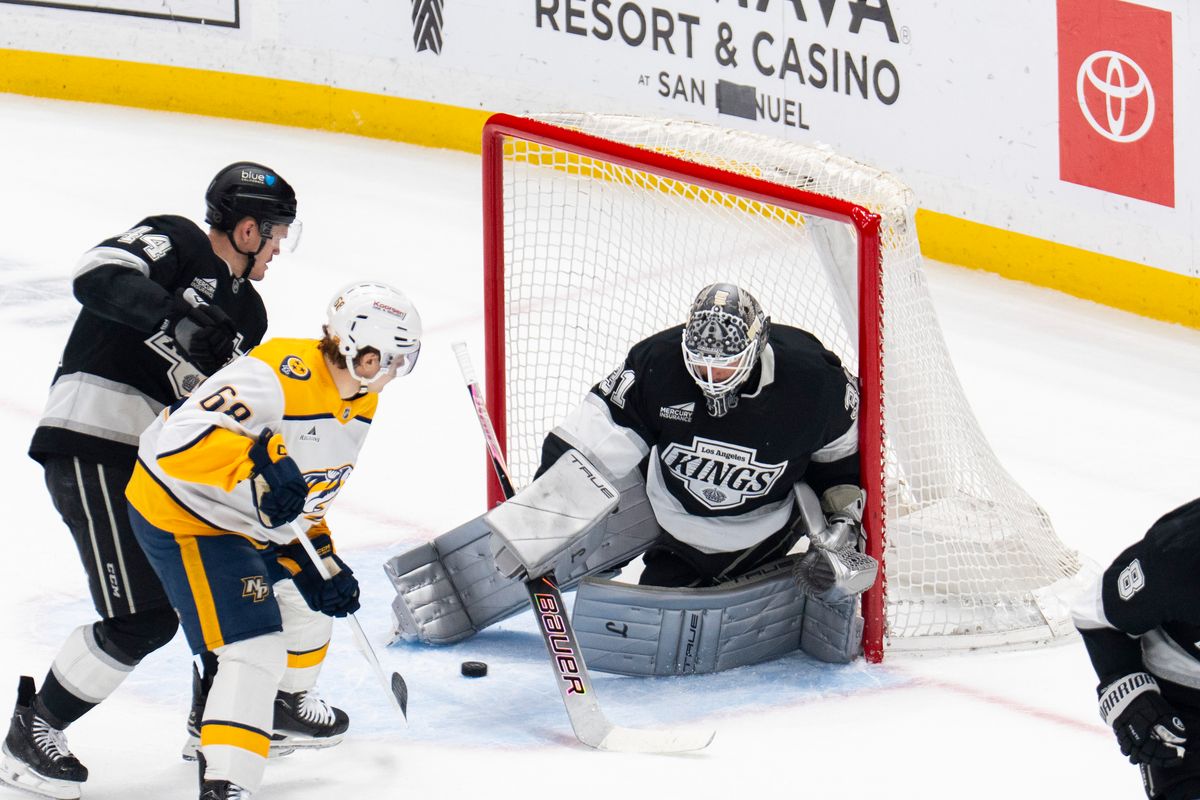Los Angeles Kings Goalie Anton Forsberg (31) stops the puck during an NHL game against the Nashville Predators, Monday April 6th, 2026 in Los Angeles, California. 
