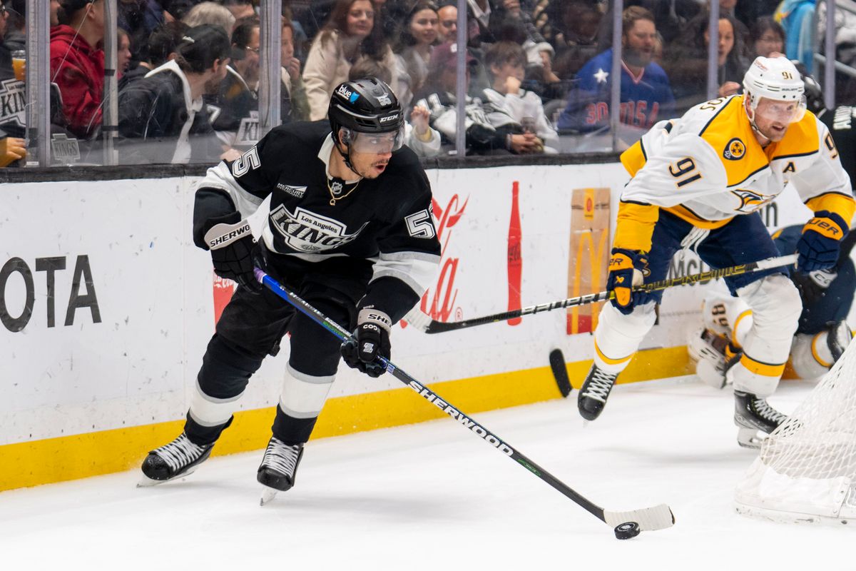 Los Angeles Kings RW Quinton Byfield (55) escapes with the puck during an NHL game against the Nashville Predators, Monday April 6th, 2026 in Los Angeles, California. 