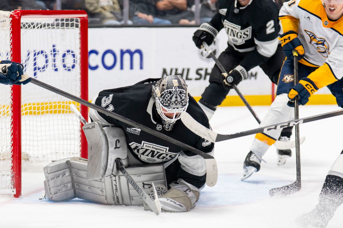Los Angeles Kings Goalie Anton Forsberg (31) stops the puck during an NHL game against the Nashville Predators, Monday April 6th, 2026 in Los Angeles, California. 