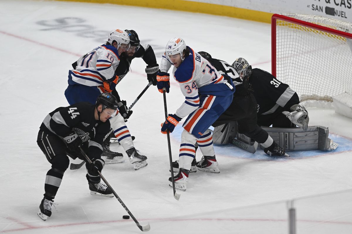 LA Kings defense Mikey Anderson (44) clears the puck during an NHL game between the Edmonton Oilers and the Los Angeles Kings on Saturday, April 11, 2026 at Crypto.com Arena in Los Angeles Calif