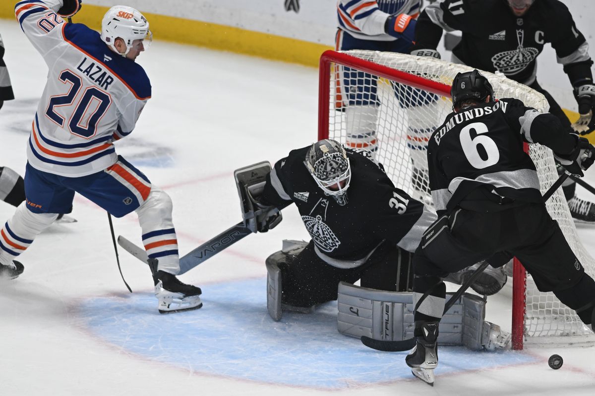 LA Kings goalie Anton Forsberg (31) makes a save during an NHL game between the Edmonton Oilers and the Los Angeles Kings on Saturday, April 11, 2026 at Crypto.com Arena in Los Angeles Calif