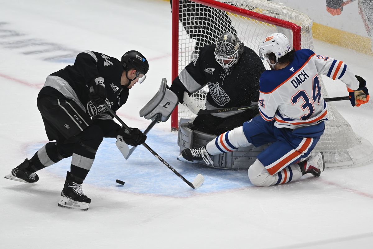LA Kings goalie Anton Forsberg (31) makes a save during an NHL game between the Edmonton Oilers and the Los Angeles Kings on Saturday, April 11, 2026 at Crypto.com Arena in Los Angeles Calif