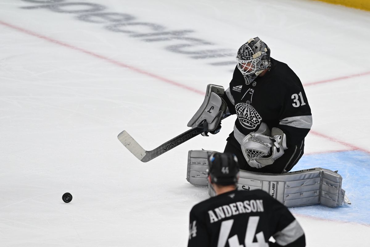 LA Kings goalie Anton Forsberg (31) makes a save during an NHL game between the Edmonton Oilers and the Los Angeles Kings on Saturday, April 11, 2026 at Crypto.com Arena in Los Angeles Calif