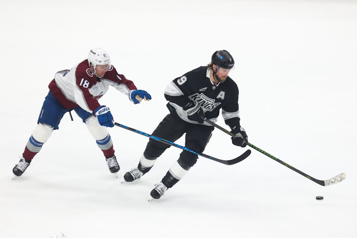 LA Kings right wing Adrian Kempe (9) skates with the puck during an NHL game against the Colorado Avalanche on April 23, 2026 in Los Angeles, CA.