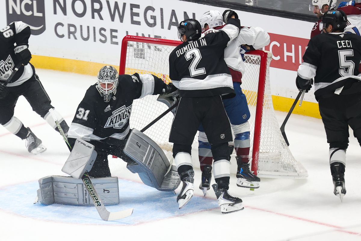 LA Kings defenseman Brian Dumoulin (2) crashes into the net during an NHL game against the Colorado Avalanche on April 23, 2026 in Los Angeles, CA.
