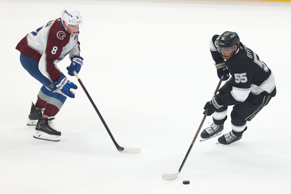 LA Kings right wing Quinton Byfield (55) skates with the puck during an NHL game against the Colorado Avalanche on April 23, 2026 in Los Angeles, CA.