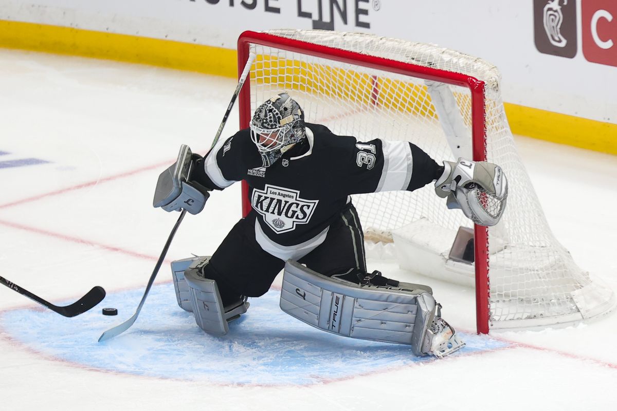 LA Kings goalie Anton Forsberg (31) attempts to make a stop during an NHL game against the Colorado Avalanche on April 23, 2026 in Los Angeles, CA.