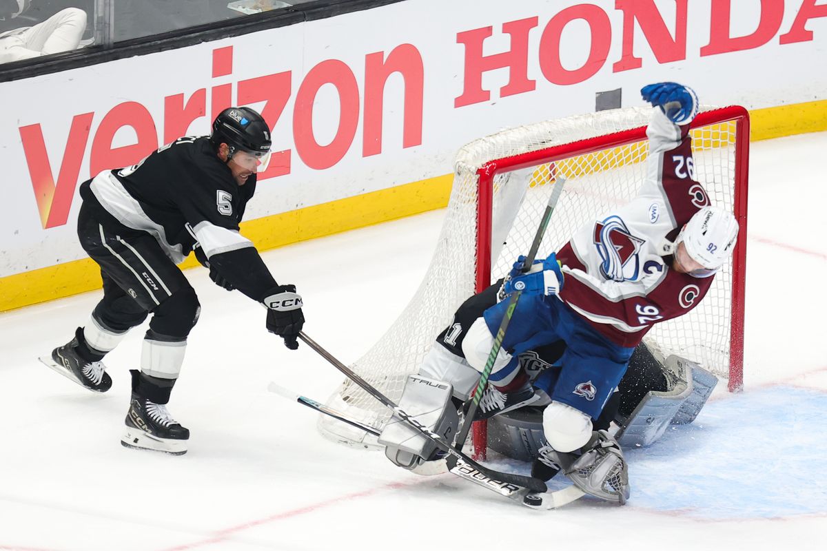 A Kings defenseman Cody Ceci (5) fights for the puck during an NHL game against the Colorado Avalanche on April 23, 2026 in Los Angeles, CA.