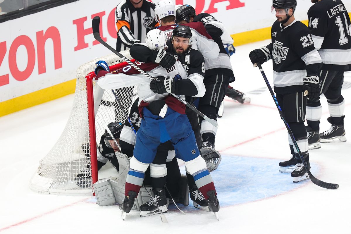 LA Kings defenseman Drew Doughty (8) gets tied up at the net during an NHL game against the Colorado Avalanche on April 23, 2026 in Los Angeles, CA.