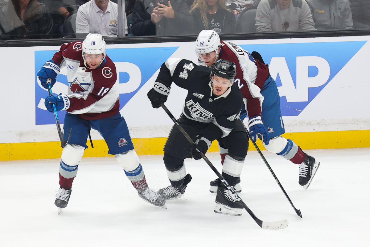 LA Kings defenseman Mikey Anderson (44) chases after the puck during an NHL game against the Colorado Avalanche on April 23, 2026 in Los Angeles, CA.