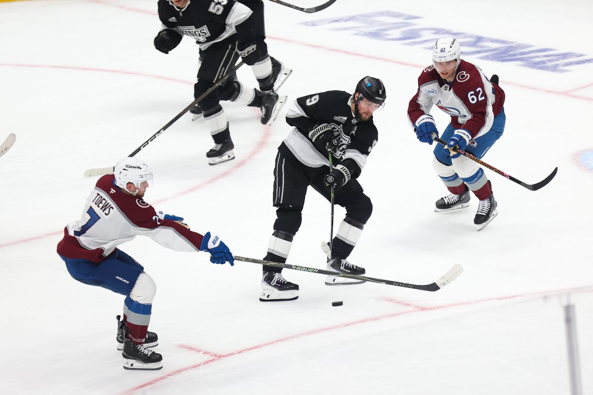 LA Kings right wing Adrian Kempe (9) skates with the puck during an NHL game against the Colorado Avalanche on April 23, 2026 in Los Angeles, CA.