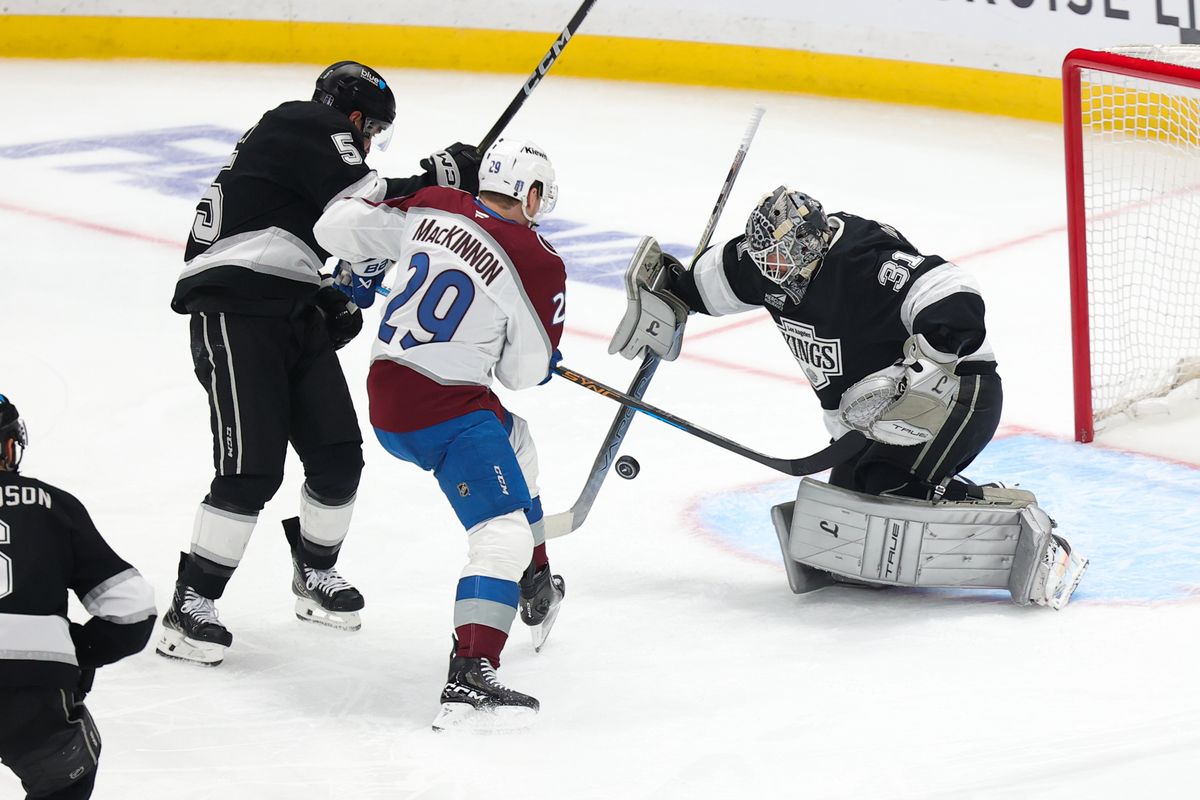 LA Kings goalie Anton Forsberg (31) attempts to make a stop during an NHL game against the Colorado Avalanche on April 23, 2026 in Los Angeles, CA.