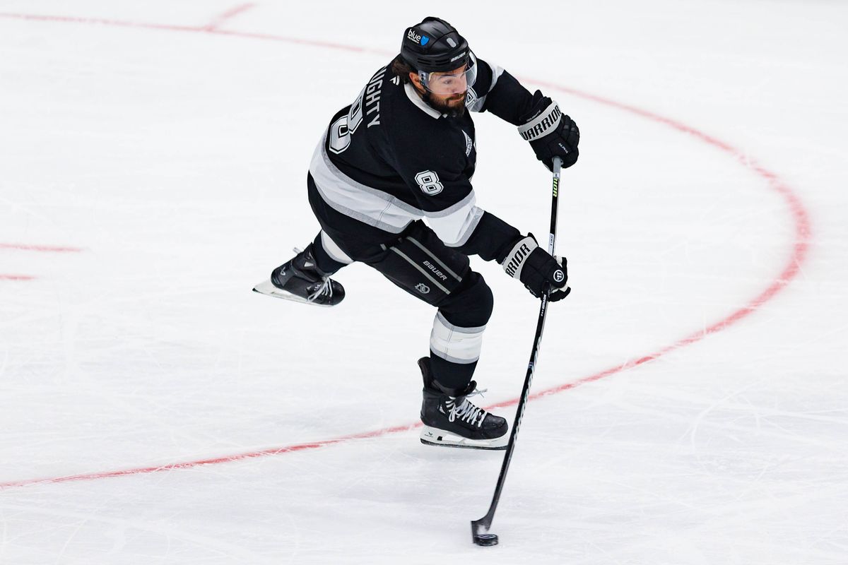 Drew Doughty #8 of the Los Angeles Kings passes the puck during an NHL Playoffs game against the Colorado Avalanche on April 26, 2026 at Crypto.com Arena in Los Angeles, California.