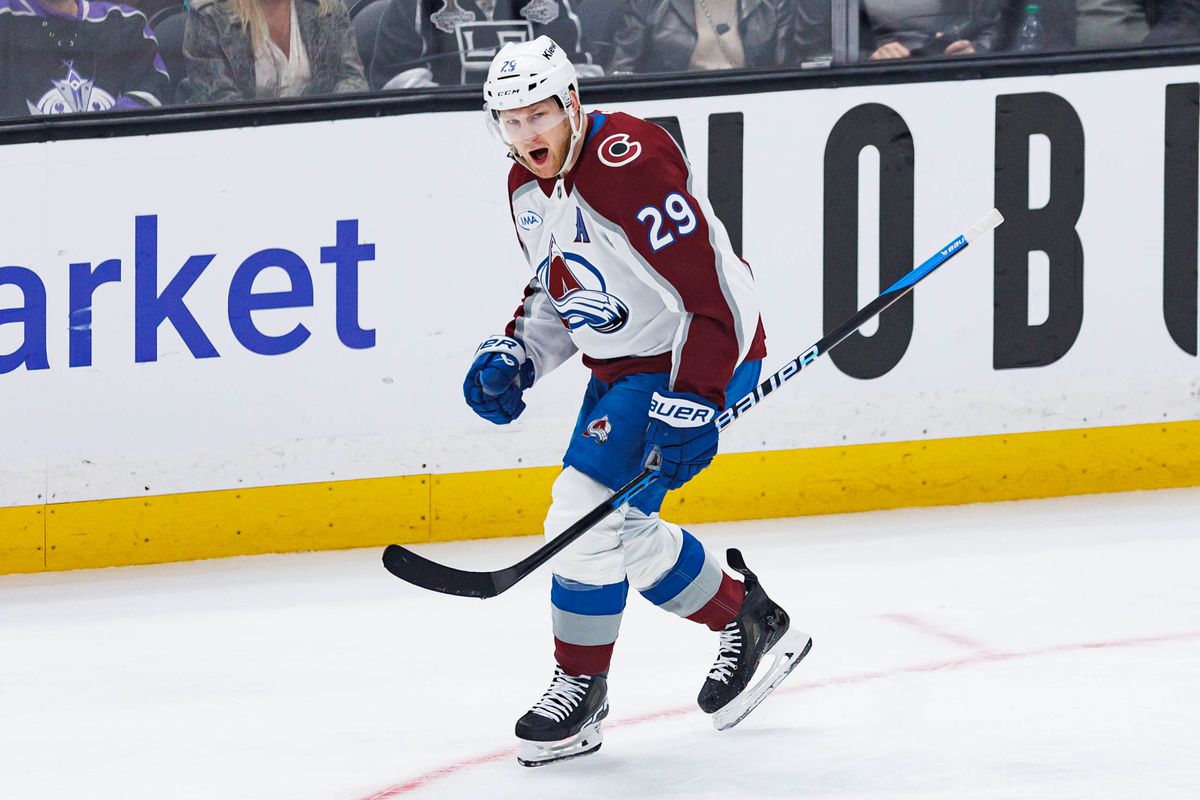 Nathan MacKinnon #29 of the Colorado Avalanche celebrates after scoring a goal during an NHL Playoffs game against the Los Angeles Kings on April 26, 2026 at Crypto.com Arena in Los Angeles, California.