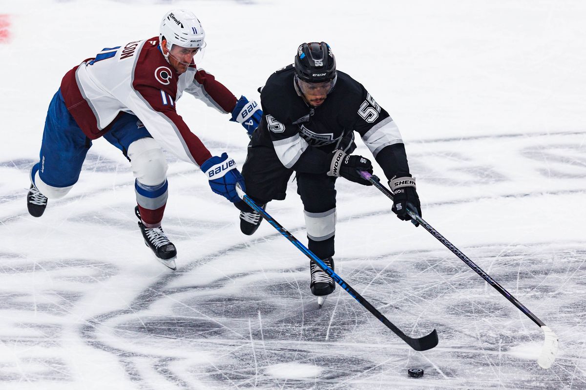 Quinton Byfield #55 of the Los Angeles Kings defends puck during an NHL Playoffs game against the Colorado Avalance on April 26, 2026 at Crypto.com Arena in Los Angeles, California.
