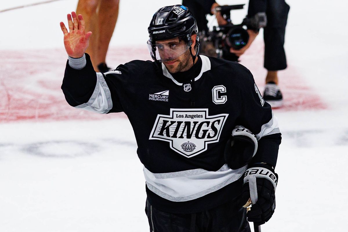 Anze Kopitar #11 of the Los Angeles Kings waves goodbye after an NHL Playoffs game against the Colorado Avalanche on April 26, 2026 at Crypto.com Arena in Los Angeles, California.