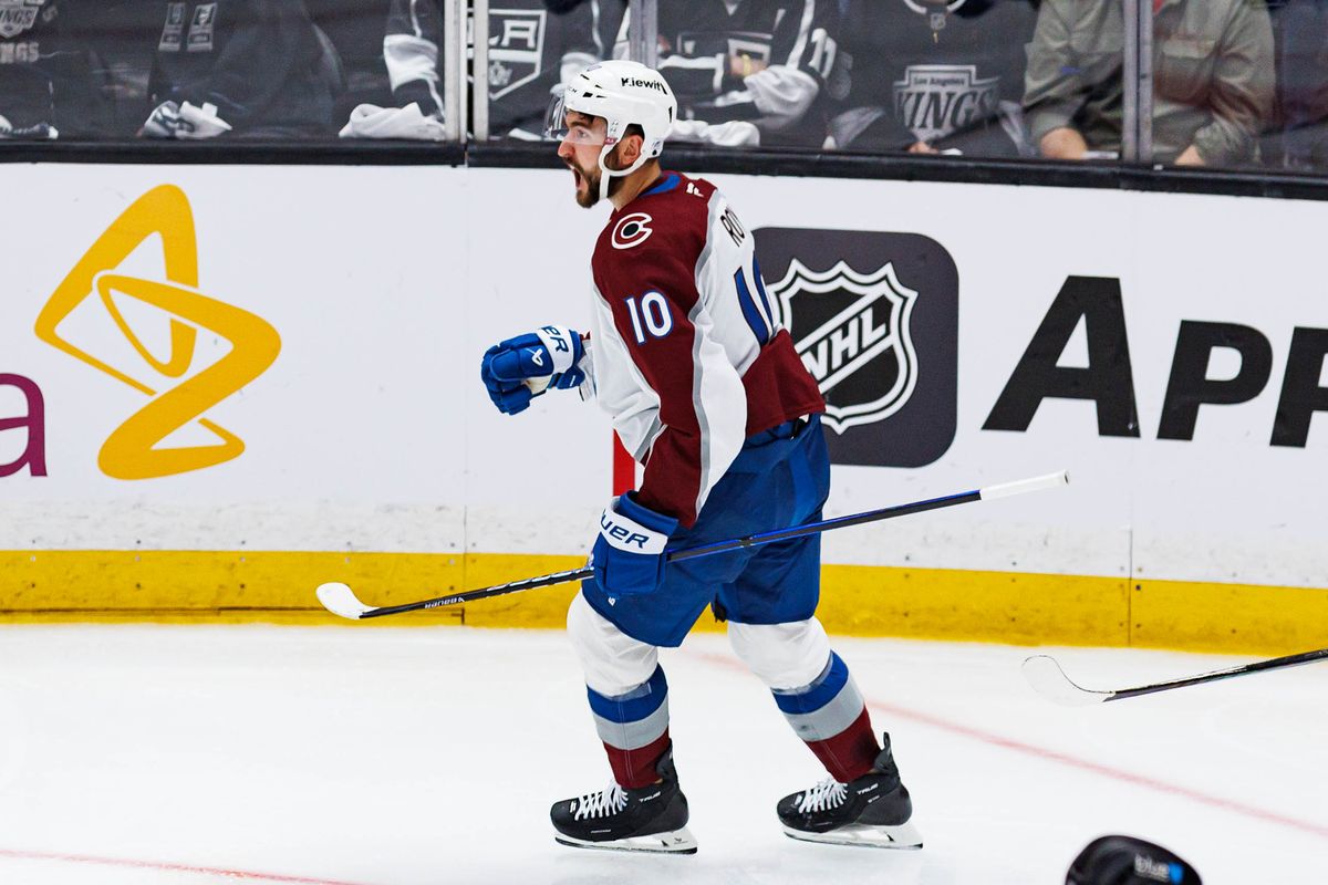 Nicolas Roy #10 of the Colorado Avalanche celebrates after scoring a goal during an NHL Playoffs game against the Los Angeles Kings on April 26, 2026 at Crypto.com Arena in Los Angeles, California.