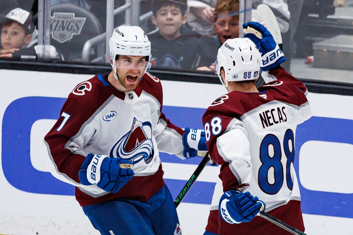 Devon Toews #7 of the Colorado Avalanche celebrates with Martin Necas #88 after scoring a goal during an NHL Playoffs game against the Los Angeles Kings on April 26, 2026 at Crypto.com Arena in Los Angeles, California.