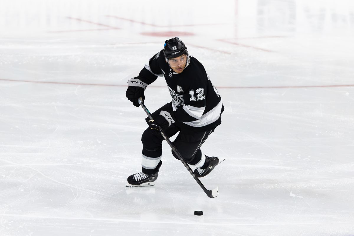 LA Kings left wing Trevor Moore (12) brings up the puck against the Vegas Golden Knights at Toyota Arena, Saturday, Sept. 19, 2026, in Ontario, California. LA Kings left wing Trevor Moore (12) brings up the puck against the Vegas Golden Knights at Toyota Arena, Saturday, Sept. 19, 2026, in Ontario, California.