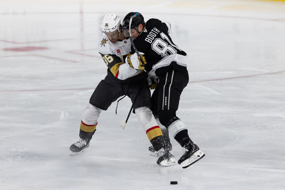 LA Kings defenseman Angus Booth (81) battles for the puck against the Vegas Golden Knights at Toyota Arena, Saturday, Sept. 19, 2026, in Ontario, California. LA Kings defenseman Angus Booth (81) battles for the puck against the Vegas Golden Knights at Toyota Arena, Saturday, Sept. 19, 2026, in Ontario, California.