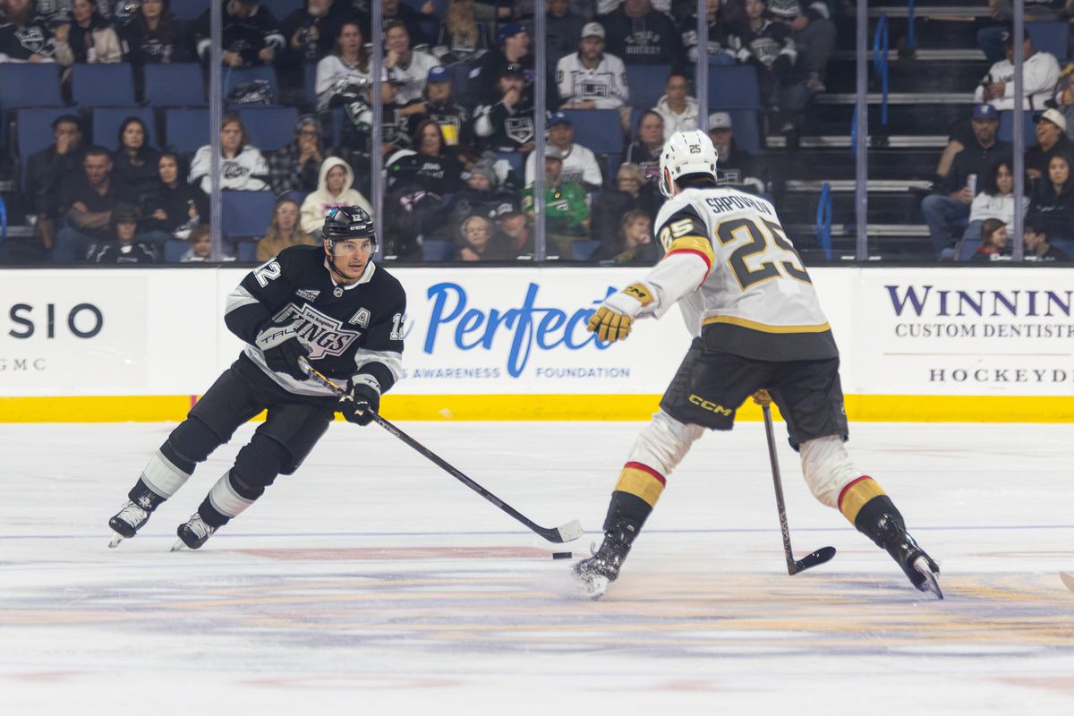 LA Kings left wing Trevor Moore (12) brings up the puck against the Vegas Golden Knights at Toyota Arena, Saturday, Sept. 19, 2026, in Ontario, California. LA Kings left wing Trevor Moore (12) brings up the puck against the Vegas Golden Knights at Toyota Arena, Saturday, Sept. 19, 2026, in Ontario, California.